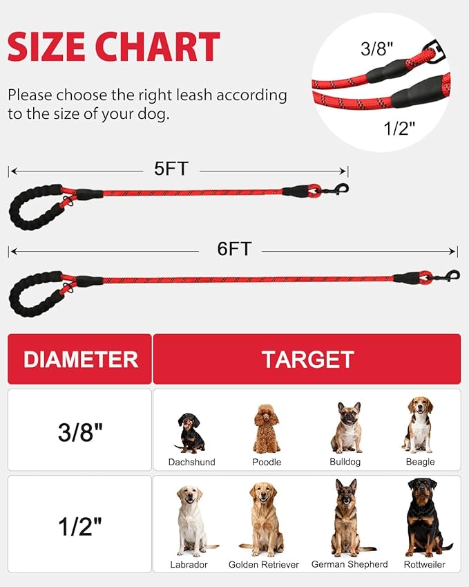 Joytale Dog Leash for Small Dogs, Heavy Duty Nylon Leashes with Comfortable Padded Handle and Highly Reflective Threads, Ideal for Walking and Training, Red, 6'횞3/8''