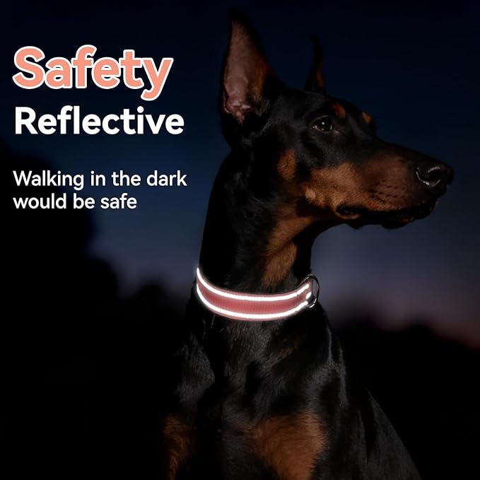 Reflective Dog Collar for Large Dogs, Wide Nylon Adjustable Collar with Soft Padding, Durable Buckle for Pitbull Labrador Retriever,Neon Pink,L