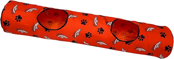 NFL Denver Broncos Cat Tunnel Tube Toy with Plush Football Catnip and Feathers Collapsible Tunnel for Cats to Play, Peek and Hide, Sporty & Fun Cat Tunnel Toy with Team Logo All-Over Design!