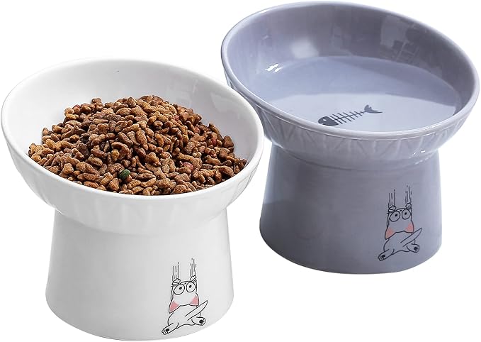 OMAYKEY 6.5 Inch Extra Wide Ceramic Raised Cat Bowl Set, Tilted Elevated Cat Bowls for Food and Water, Prevent Whisker Fatigue, Stress Free, Less Vomiting, Protect Spine, White & Grey