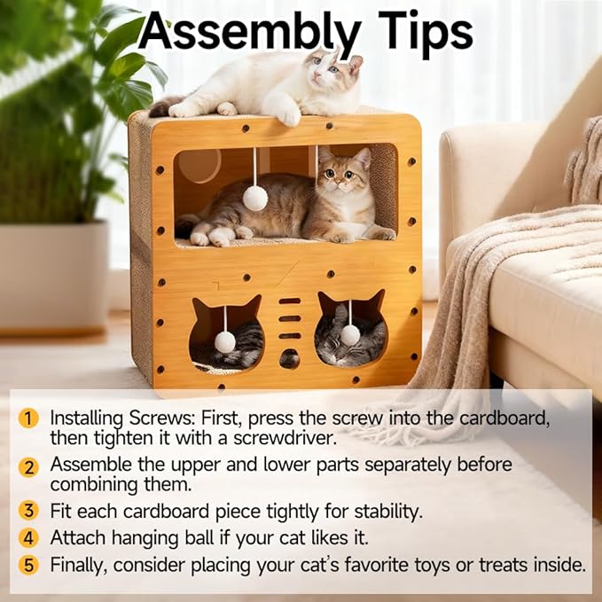 Cat Beds for Indoor Cats，Wooden Cat Scratcher House & Cardboard Condos，Covered Bedsure Kitten Bed Cave Furniture，Cute Playhouse Box，Small Size，for Cats Under 8 lbs