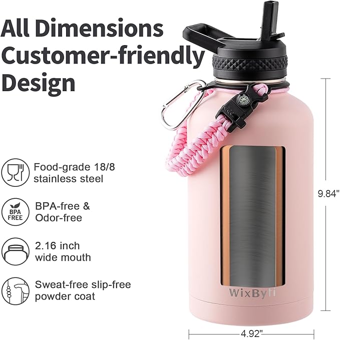 64 oz Insulated Water Bottle with Straw (Cold for 48 Hrs), Half Gallon Stainless Steel Triple Wall Vacuum Sports Water Jug, Leakproof Hydro Cup Flask with Straw Spout Lids & DIY Stickers