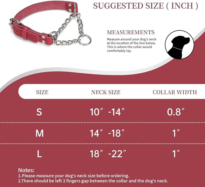 Martingale Collar for Dogs No-Pull Adjustable Training Collar with Stainless Steel Chain - Genuine Leather Anti-Slip Design for Small,Medium,Large Breed Dogs - Red (L)