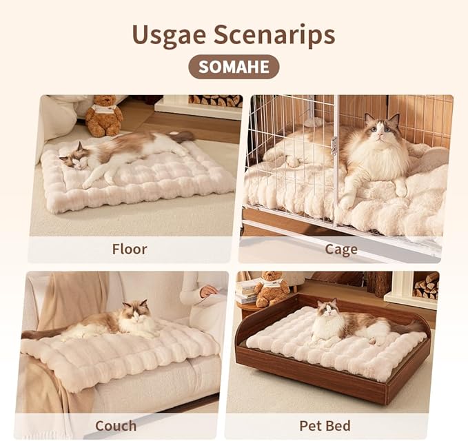 Self-Warming Cat Bed, Plush Faux Fur Pet Bed Mat with Anti-Slip Bottom, Ultra Soft Heated Pad for Cats & Kittens, Cozy Fluffy Bed for Window & Sills Couches, Machine Washable, 23x15 Inch White