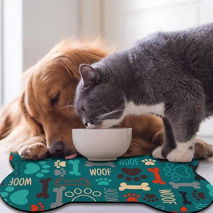 Dog Food Mats for Floors Waterproof, Pet Feeding Absorbent Water Bowl Mat Cat Placemats Green Bone Shape 25.5 * 17 inch