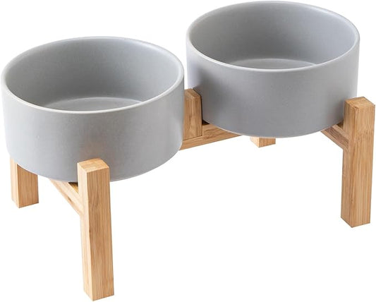 Raised Ceramic Dog Bowl Set - Elevated Dog Bowls with Non Slip Bamboo Stand, Food and Water Bowl Set for Small and Medium Breed Dogs, Pet Bowls, Weighted Dogs Dishes (6'', 2 * 30OZ, Grey)