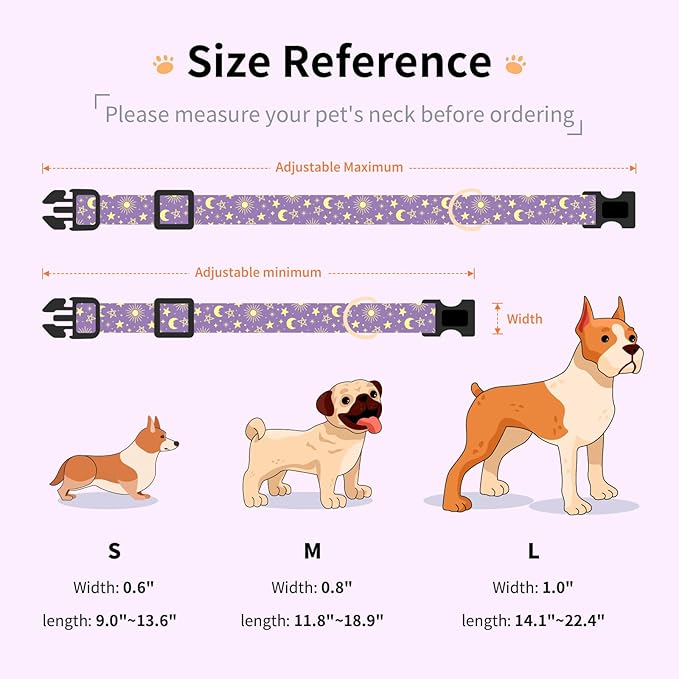 Cotton Dog Collar,Adjustable Cute Puppy Collar with Moon Patterned Design for Small Medium Large Dogs,Soft and Fancy Pet Collar with Safety Buckle for Girl Boy Dogs (Purple Moon, Medium)