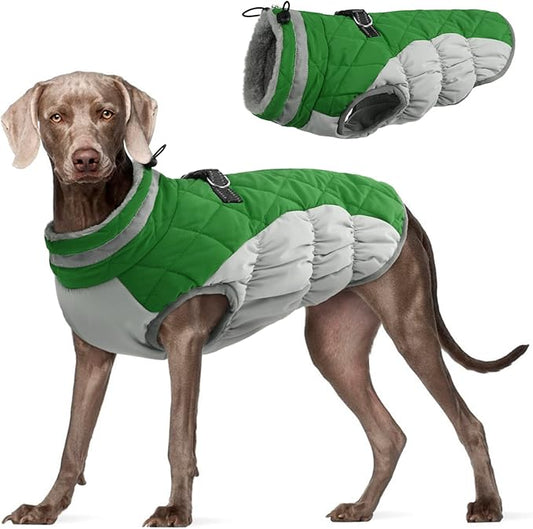 FUAMEY Dog Coat for Large Dogs,Waterproof Dog Winter Jacket with Harness Built in Puppy Cold Weather Coats Reflective Pet Vest with Zipper Warm Fleece Dogs Snowsuit Windproof Green XL