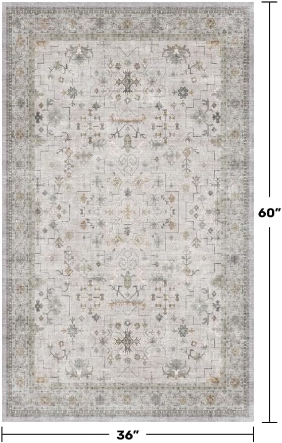 Light Grey 3x5 Large Boho Bathroom Rug - Modern Vintage Eclectic Floral Pastel Neutral Taupe, Washable Low Pile Non-Slip Area Rugs for Entryway, Kitchen, Bedroom Beside Bed, Laundry