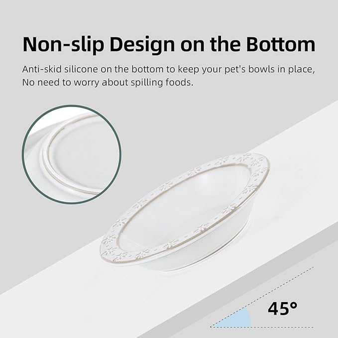 Wide Whisker Friendly Raised Cat Bowls Set with Acacia Wood Stand, Ceramic Food & Water Bowls for Cats, Puppy, Kitty, Relief Whisker Fatigue, Pet Bowl(1Bowl+1Dish+Stand, Arctic White)