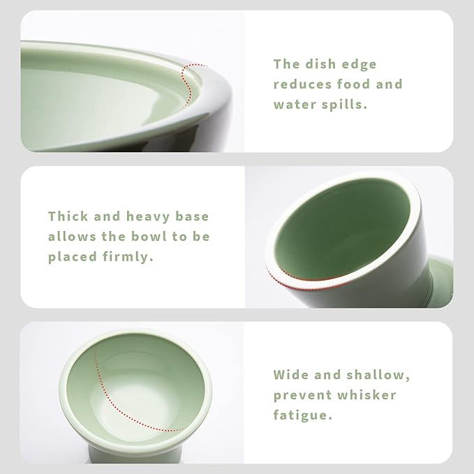 2 Elevated Ceramic Cat Bowls Extra Wide for Food & Water – Whisker Fatigue Shallow Food Dish, Lead & Cadmium-Free, Raised Height for Cats, Sage Green