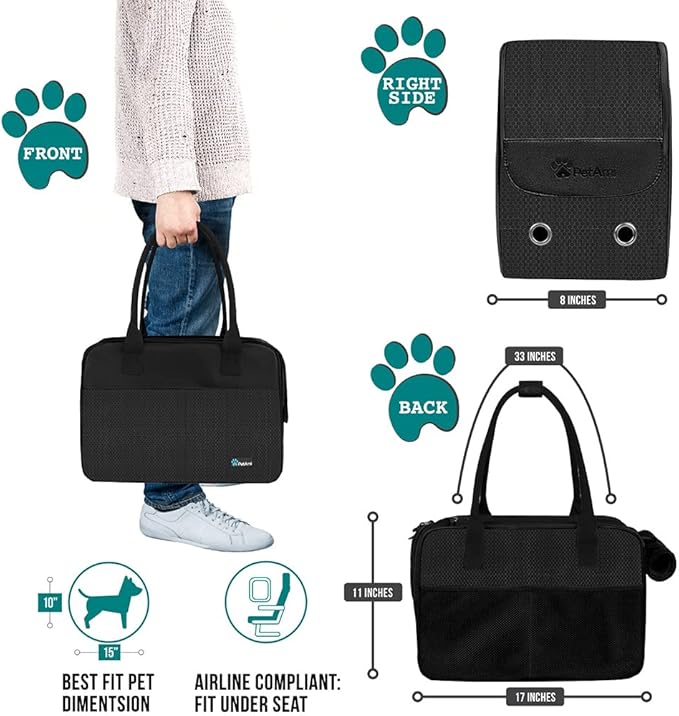 PetAmi Dog Purse Carrier for Small Dogs, Airline Approved Soft Sided Pet Carrier with Pockets, Ventilated Dog Carrying Bag for Puppy Cat, Dog Travel Supplies Bag, Sherpa Bed, Max 12 lbs, Black