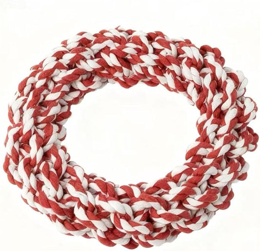 Pet Cotton Ring Dog Toy, Braided Rope Chew Ring for Medium and Large Dogs, 20x20x5cm, Durable Training Toy (Redwhite)