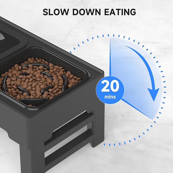 ELS PET Elevated Dog Bowls, Adjustable Raised Dog Bowls with No Spill Dog Water Bowl and Stainless Steel/Slow Feeder, Stand for Small Medium Large Dogs,Cats & Pets (Plastic)