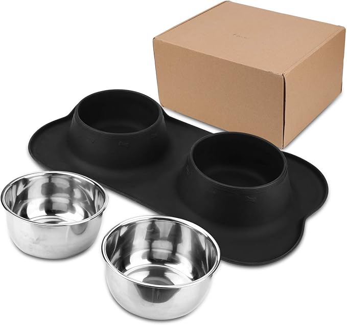 AsFrost Dog Food Bowls Stainless Steel Pet Bowls & Dog Water Bowls No Spill Non Skid, Feeding Bowls with Dog Bowls Silicone Mat for Small Medium Large Size Dogs, Cat Pet Dog Dishes Set, Black, 3 Cup