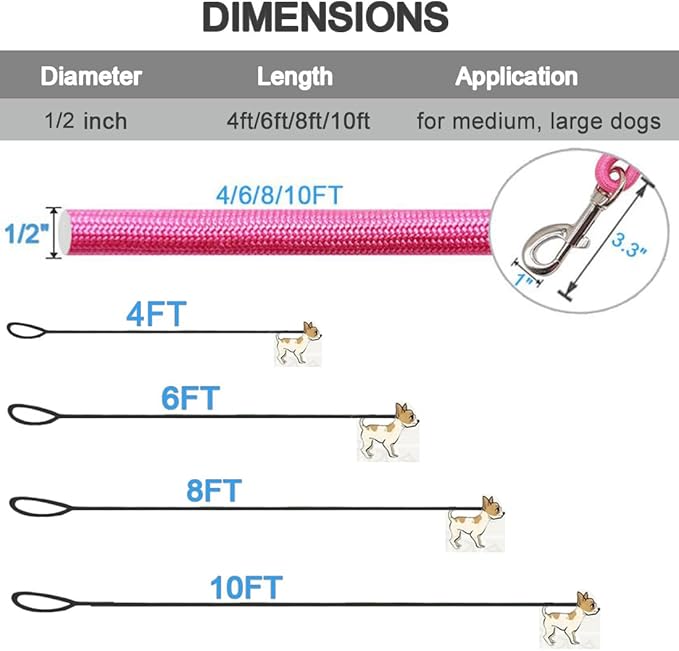 MayPaw 4/6 /8/10 FT Dog Leash, Classic Solid Colors, Strong Nylon Rope Dog Leash Reinforced with Leather Tailor Connection Heavy Duty Silver Clasp (Pink, 8ft*1/2")