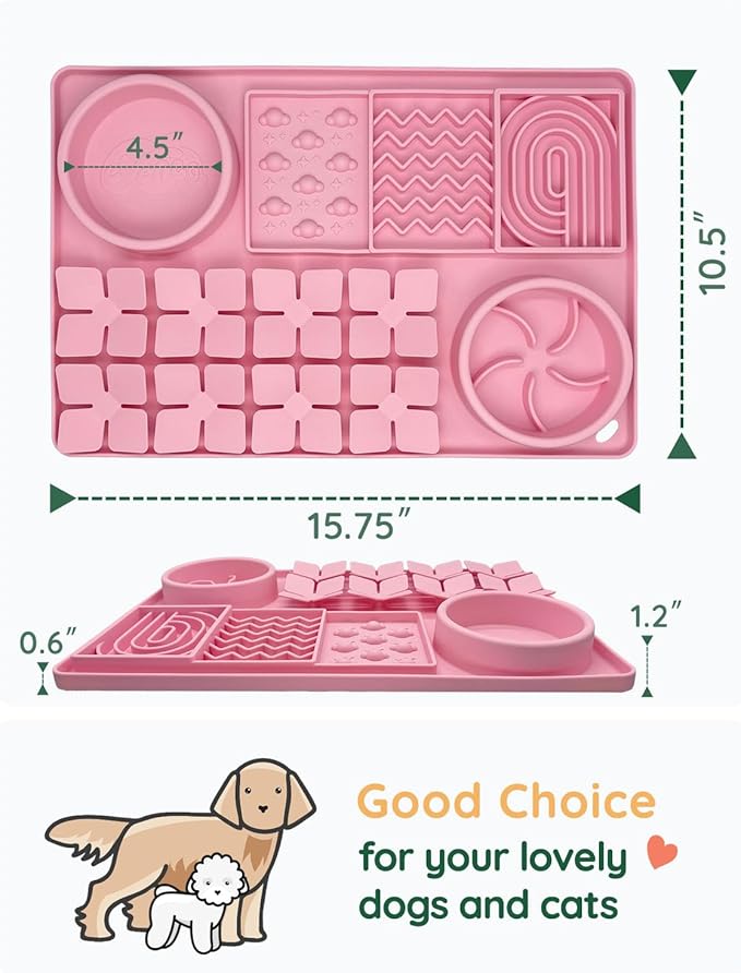Slow Feeder Bowl for Dogs and Cats, Silicone Lick Mat & Snuffle Mat with Suction Cups - Interactive Puzzle Feeder, Slow Eating, Keep Busy and Reduce Vomiting (15.75" x 10.5" Pink)