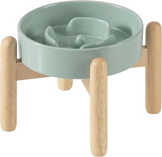 Ceramic 0.9 Cup Raised Dog Slow Feeder Set, Elevated Bowl with Wooden Stand for Small Dog and Cat, 6.1inch Puzzle Slow Dog Food Dish, Anti-Gulping(Light Green, Single Bowl+ Stand)
