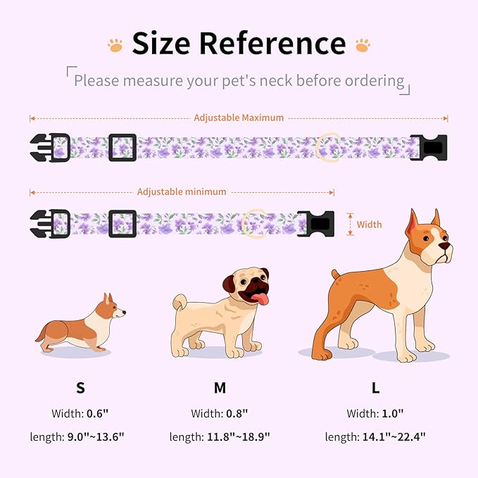 Cotton Dog Collar,Adjustable Cute Puppy Collar with Moon Patterned Design for Small Medium Large Dogs,Soft and Fancy Pet Collar with Safety Buckle for Girl Boy Dogs (Violet, Medium)