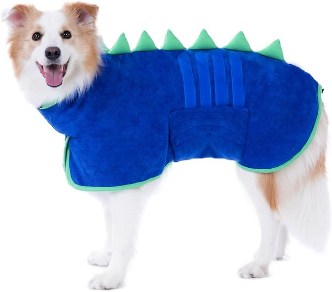 Super Absorbent Dog Bathrobe, Microfiber Bath Robe Towel for Fast Drying, Cozy Fit, Adjustable Belly Strap, Unique Dinosaur Design Dog Drying Coat for Bath, Rainy Walks & Cold Weather