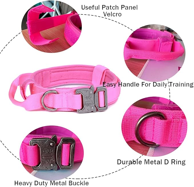 Xqpetlihai Tactical Dog Collar and Leash Set Adjustable Military Nylon Dog Collar with Control Handle and Heavy Duty Metal Buckle for Large Dogs（Pink L