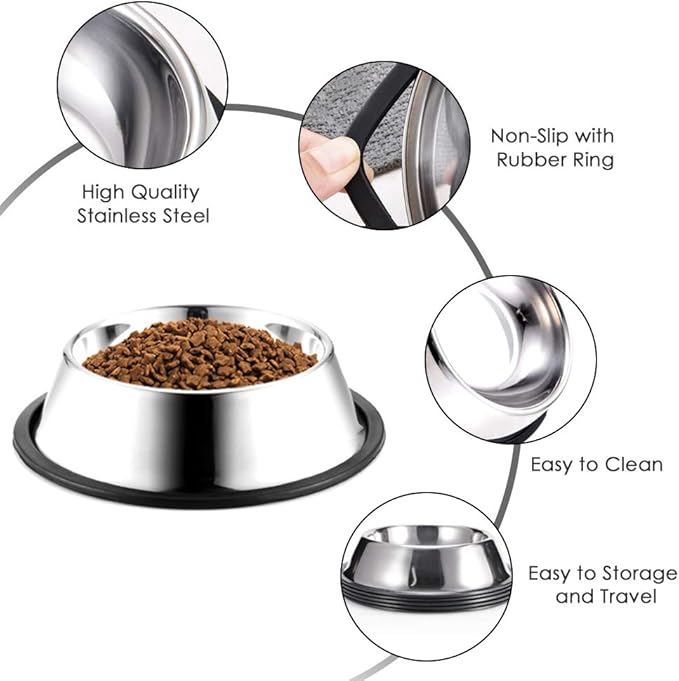 Stainless Steel Dog Bowls, 6 Cup/48oz Cat Bowl Water and Food with Rubber Base, Pet Bowls for Large Dogs and Pets, 2Pack