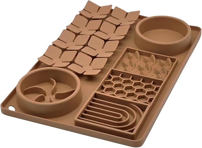 Slow Feeder Bowl, Silicone Lick Mat with Suction Cups for Dog Cat, Snuffle Mat for Pet Smell Training, Puzzle Toys for Bored Puppy, Interactive Sniff Mat for Slow Eating and Keep Busy, Brown