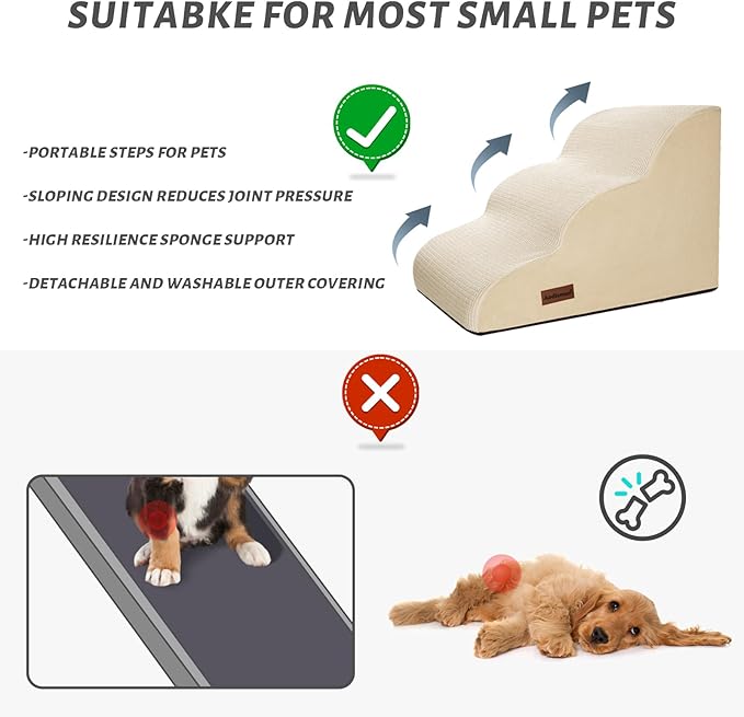 3-Step Dog Ramp and Stairs for Sofa and Chair - Non-Slip Sturdy Pet Steps for Small Dogs and Cats,15.7" H,Beige