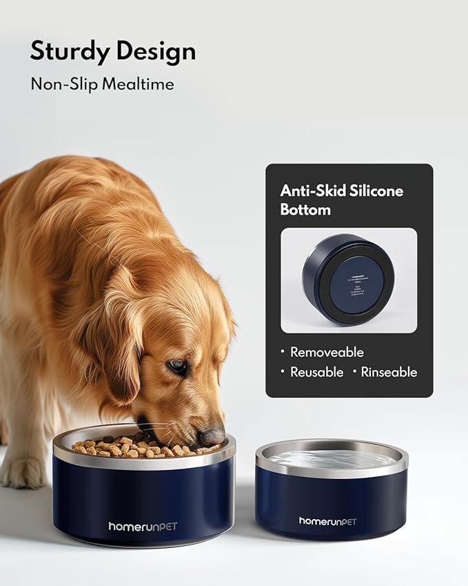 HomeRunPet Dog Bowls, Durable Dishwasher Safe Double Wall Metal Insulated Stainless Steel Food Water Bowls with Non-Slip Rubber Base, Ideal for Small Medium and Large Dogs (32oz, Navy)