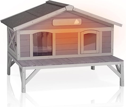 GUTINNEEN Large Outdoor Cat House Weatherproof with Escape Doors, Thicker Insulated Solid Wood, Large Porch, Spacious Feral Cat Shelter Perfect for Multi-Cat Families