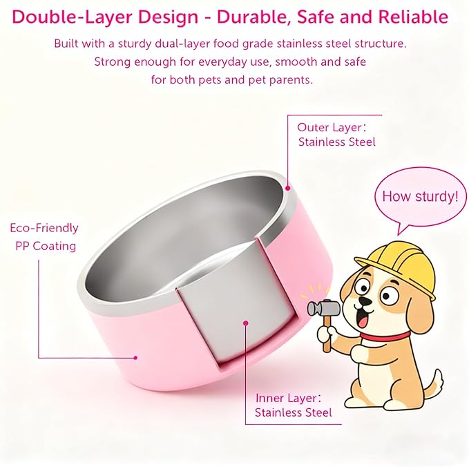 Dog Bowls, Stainless Steel Dog Food and Water Bowl for Small to Large Breed, Anti-Slip, Dishwasher Safer, Rust-Resistant, Easy to Clean, Weighted Durable Metal Bowl (Pink, 64 oz)