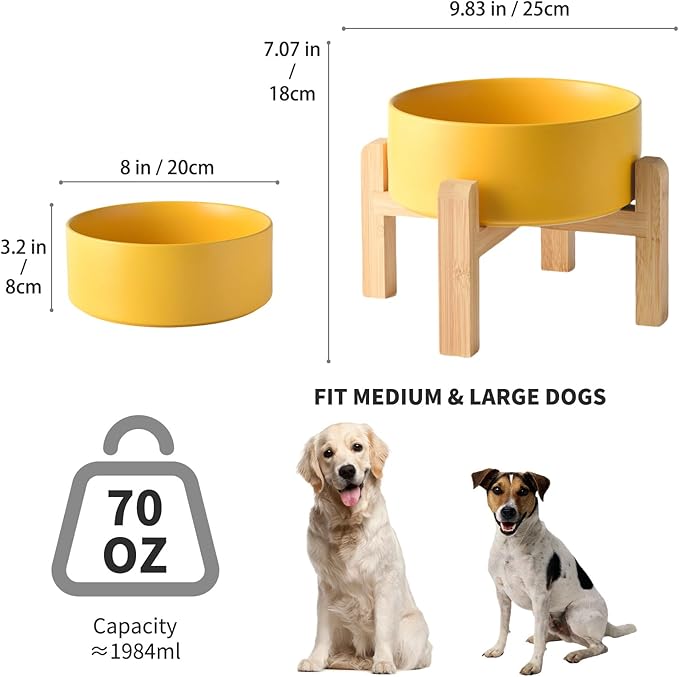 8'' Ceramic Raised Dog Bowl - 70Oz Dog Food & Water Bowl with Elevated Non-Slip Bamboo Stand, Dishwasher & Microwave Safe, Anti Vomiting Heavy Duty Pet Bowl for Medium and Large Dogs, Yellow