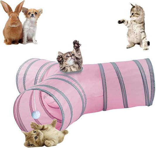 Cat Tunnel Tube Toy Collapsible 3 Way Pink Grey, Pet Tunnels for Indoor Cats, Play Tubes with Hanging Ball Perfect for Kitten, Puppy, Rabbit, Interactive Toys for Fun Playtime & Exercise