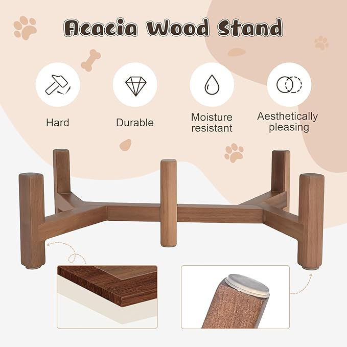 SPUNKYJUNKY Ceramic Elevated Dog Bowl Set with Acacia Wood Stand for Food and Water for Cats and Small Dogs (13.52 OZ, Black, Dog Paw Pattern)