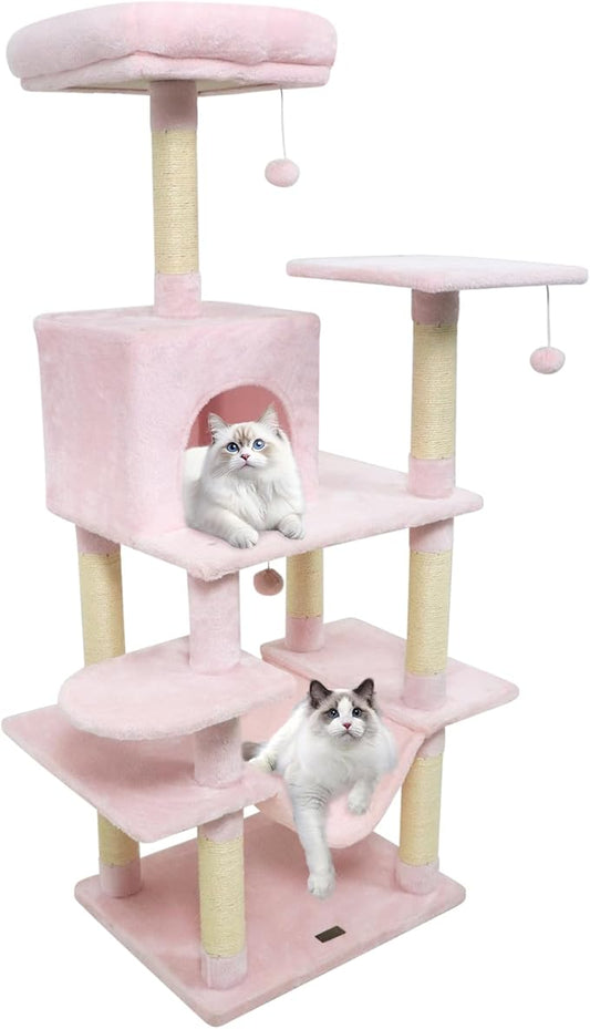 PETSITE Multi-Level Cat Tree, 58 Inches Tall with Sisal Scratching Posts, Condo, Hammock, Dangling Balls, Jumping Platforms, and Cozy Top Perch, Ideal for Indoor Cats to Play and Rest (Pink)