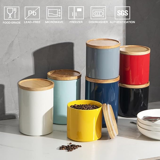 Sweejar Kitchen Canisters Ceramic Food Storage Jar, Stackable Containers with Airtight Seal Wooden Lid for Serving Coffee Bean, Flour, Tea, Spice and More - 39 Fl Oz (Navy)