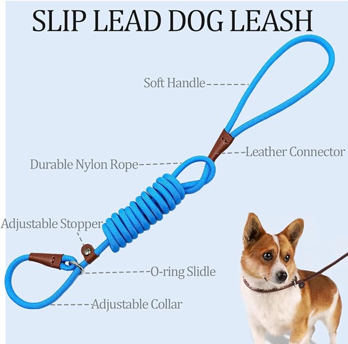 MayPaw Slip Lead Control Leash for Dogs No Pull, 13+ Colors Classic Dog Lead 7FT Pet Slip Leash, 1/4” Rope Leashes for Small Medium Animals (7ft*1/4", Blue)