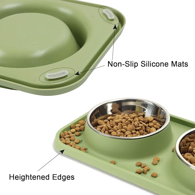 Cat Food Bowls, Cat Bowls Non-Skid and Non-Spill Silicone Pads with PP Stand, Removable Stainless Steel Food and Water Dishes for Cats, Small Size Dogs