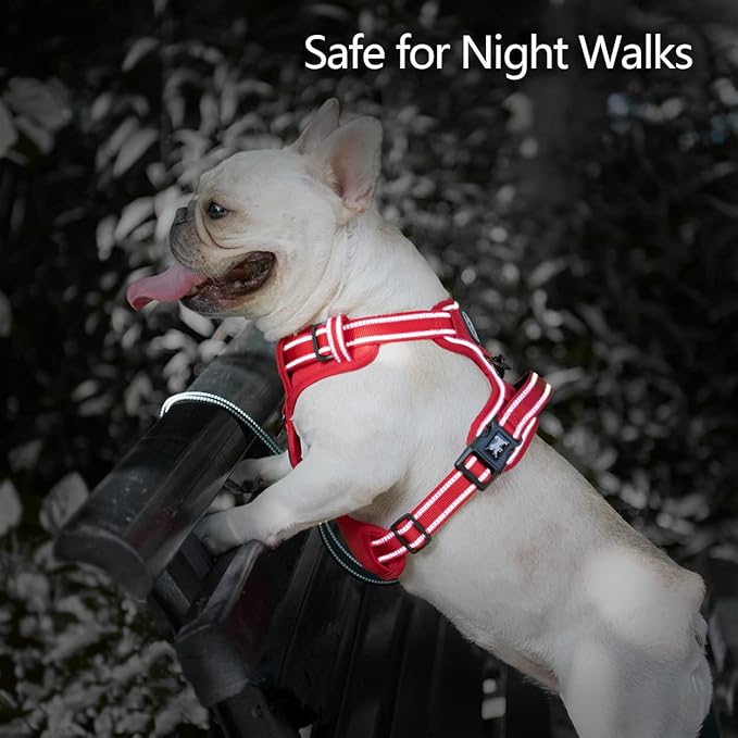 PoyPet No Pull Dog Harness, No Choke Reflective Dog Vest, Adjustable Pet Harnesses with Easy Control Padded Handle for Small Medium Large Dogs(Red Matching Trim,L)