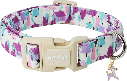 Winter Wonderland Dog Collar for Small Dogs竊똀djustable White Puppy Collar with Purple Pink Teal Pine Tree, Deer and Cabin Line Art, for Daily Walks, Photos & Seasonal Adventures - M