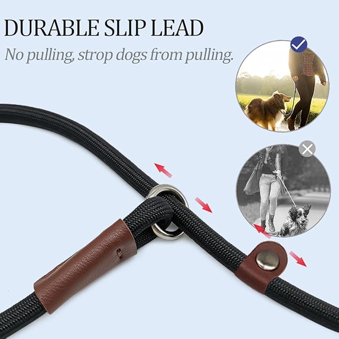 MayPaw Slip Lead Control Leash for Dogs No Pull, 13+ Colors Classic Dog Lead 7 FT Pet Slip Leash, 1/4” Rope Leashes for Small Medium Animals (7ft*1/4", Black)