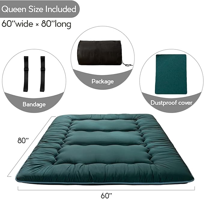 MAXYOYO Japanese Floor Mattress Futon Mattress, Thicken Sleeping Pad Foldable Roll Up Floor Futon for Adults Tatami Mat Dormitory Bed Lounger, Dark Green, Queen Size
