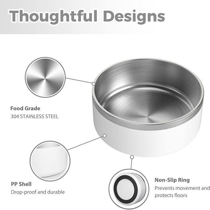 Stainless Steel Dog Bowl, Metal Water and Food Dish for Large Dogs, Insulated Non-Slip Pet Bowl, Easy Clean, 64oz, White