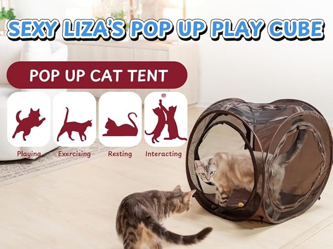 Sexy Liza’s Pop Up Tent Cat Cube - 24x22x20” Play Tent w/ 14” Hole - Connects with Snarky Pets Timmy & Mister’s Tunnel - Outdoor Cat Tent, Play Pen, Zip Connect, Outdoor cat House or Small Dog Bed