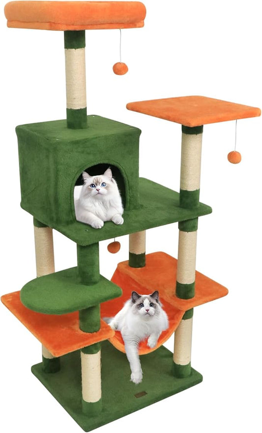 PETSITE Multi-Level Cat Tree, 58 Inches Tall with Sisal Scratching Posts, Condo, Hammock, Dangling Balls, Jumping Platforms, and Cozy Top Perch, Ideal for Indoor Cats to Play and Rest (Green)