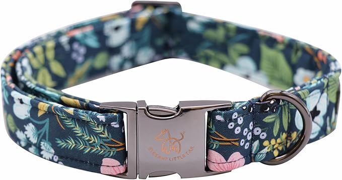 Elegant little tail Dog Collar, Floral Pet Collar Durable Darkblue Flower Dog Collars Male or Female Holiday Pet Gift Adjustable Dog Collar for Large Dogs