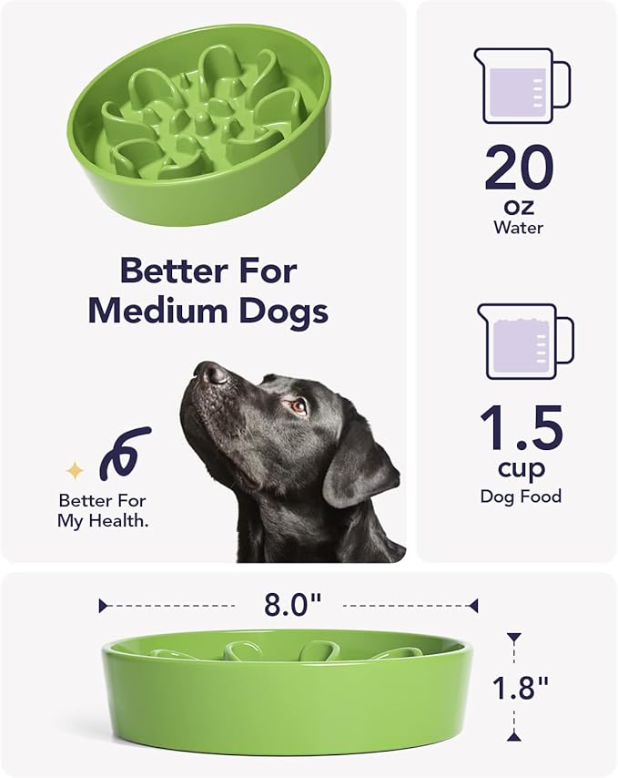 LE TAUCI Slow Feeder Dog Bowls Ceramic, 1.5 Cups Dog Food Bowl, Puppy Slow Feeder Dish for Fast Eaters, Clover Green
