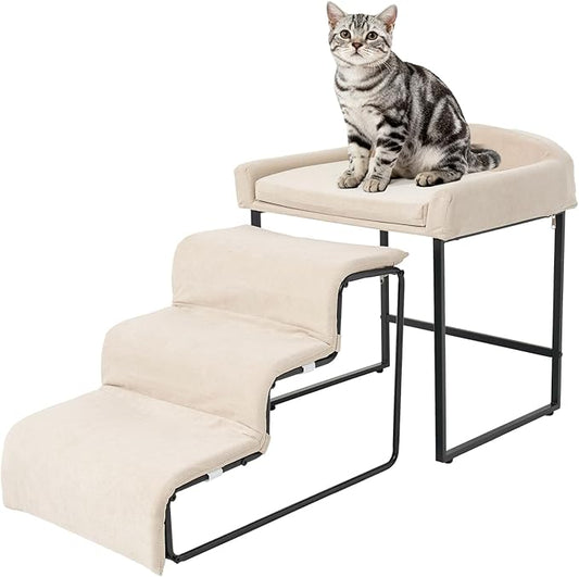 Dog Window Perch with Stairs - Pet Stairs with Seat Bedside Lounge Elevated Pet Bed Non-Slip Dog Window Seat with Sturdy Metal Frame Multi-Level Platform with Foam Upholstery