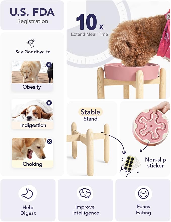 LE TAUCI Ceramic Slow Feed Dog Bowls, Elevated for Small and Medium Breed Dogs, Anti-Gulping Pet Feeding Dishes, Flower Pink, 1.5 Cups