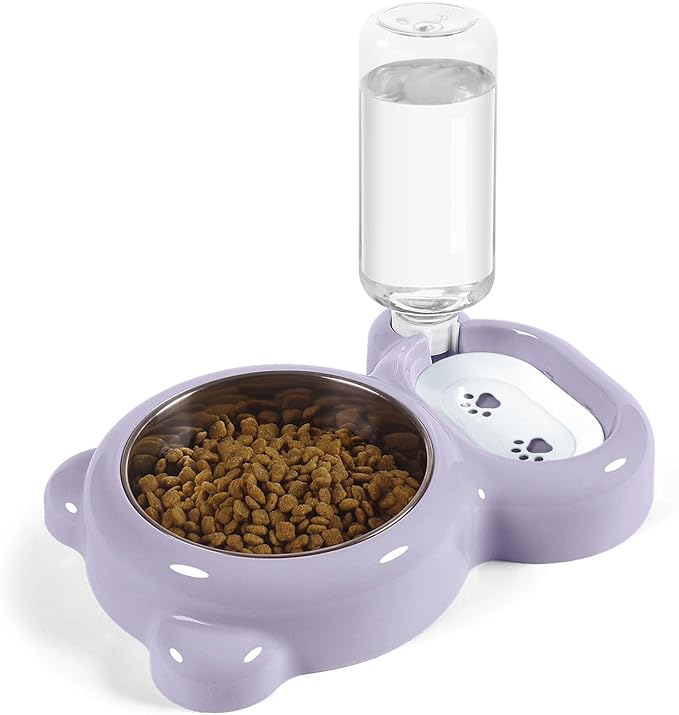 Dog Bowls, Cat Food and Water Bowl Set with Water Dispenser and Stainless Steel Bowl for Cats and Small Dogs - Purple